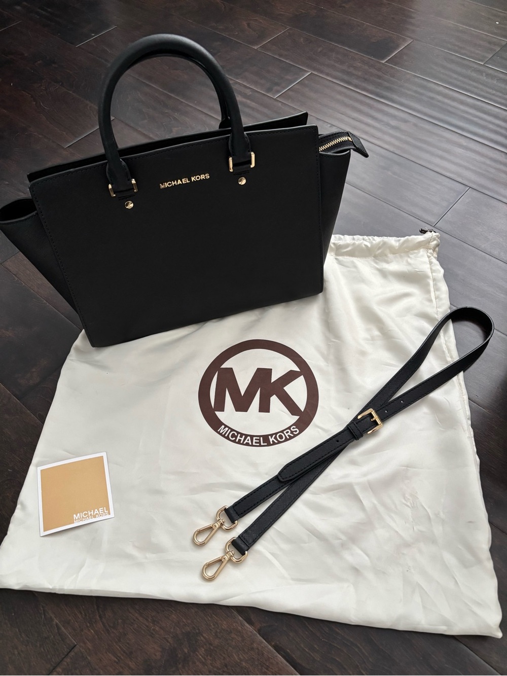 Michael Kors Black Saffiano Leather Top-Handle Selma Satchel with Gold Hardware